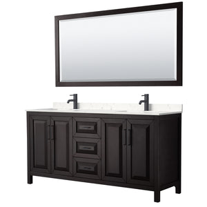 Daria 72 Inch Double Bathroom Vanity in Dark Espresso Carrara Cultured Marble Countertop Undermount Square Sinks Matte Black Trim 70 Inch Mirror