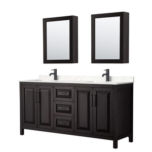 Daria 72 Inch Double Bathroom Vanity in Dark Espresso Carrara Cultured Marble Countertop Undermount Square Sinks Matte Black Trim Medicine Cabinets