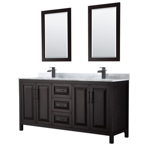 Daria 72 Inch Double Bathroom Vanity in Dark Espresso White Carrara Marble Countertop Undermount Square Sinks Matte Black Trim 24 Inch Mirrors