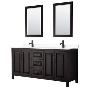 Daria 72 Inch Double Bathroom Vanity in Dark Espresso White Cultured Marble Countertop Undermount Square Sinks Matte Black Trim 24 Inch Mirrors