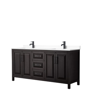 Daria 72 Inch Double Bathroom Vanity in Dark Espresso White Cultured Marble Countertop Undermount Square Sinks Matte Black Trim
