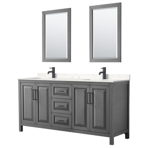 Daria 72 Inch Double Bathroom Vanity in Dark Gray Carrara Cultured Marble Countertop Undermount Square Sinks Matte Black Trim 24 Inch Mirrors