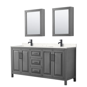 Daria 72 Inch Double Bathroom Vanity in Dark Gray Carrara Cultured Marble Countertop Undermount Square Sinks Matte Black Trim Medicine Cabinets