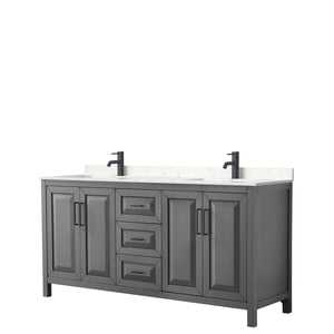Daria 72 Inch Double Bathroom Vanity in Dark Gray Carrara Cultured Marble Countertop Undermount Square Sinks Matte Black Trim