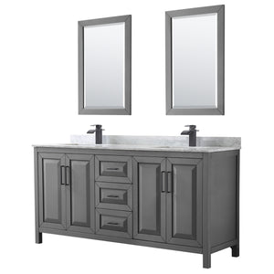 Daria 72 Inch Double Bathroom Vanity in Dark Gray White Carrara Marble Countertop Undermount Square Sinks Matte Black Trim 24 Inch Mirrors