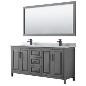 Daria 72 Inch Double Bathroom Vanity in Dark Gray White Carrara Marble Countertop Undermount Square Sinks Matte Black Trim 70 Inch Mirror
