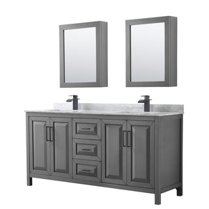 Daria 72 Inch Double Bathroom Vanity in Dark Gray White Carrara Marble Countertop Undermount Square Sinks Matte Black Trim Medicine Cabinets