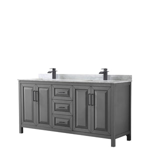 Daria 72 Inch Double Bathroom Vanity in Dark Gray White Carrara Marble Countertop Undermount Square Sinks Matte Black Trim