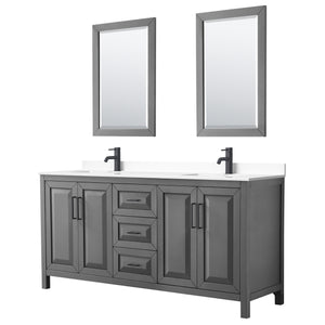 Daria 72 Inch Double Bathroom Vanity in Dark Gray White Cultured Marble Countertop Undermount Square Sinks Matte Black Trim 24 Inch Mirrors