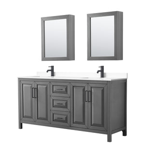 Daria 72 Inch Double Bathroom Vanity in Dark Gray White Cultured Marble Countertop Undermount Square Sinks Matte Black Trim Medicine Cabinets