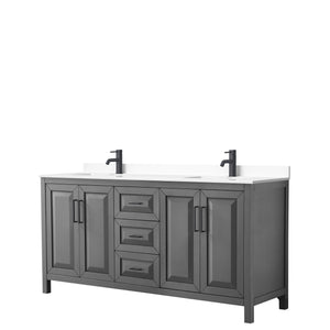 Daria 72 Inch Double Bathroom Vanity in Dark Gray White Cultured Marble Countertop Undermount Square Sinks Matte Black Trim