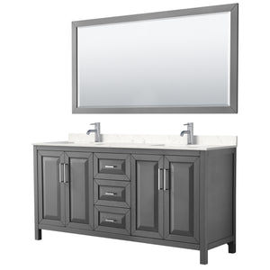 Daria 72 Inch Double Bathroom Vanity in Dark Gray Carrara Cultured Marble Countertop Undermount Square Sinks 70 Inch Mirror