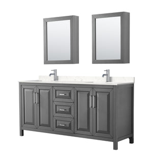 Daria 72 Inch Double Bathroom Vanity in Dark Gray Carrara Cultured Marble Countertop Undermount Square Sinks Medicine Cabinets