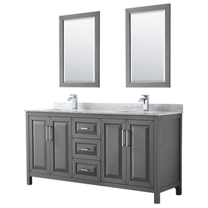 Daria 72 Inch Double Bathroom Vanity in Dark Gray White Carrara Marble Countertop Undermount Square Sinks and 24 Inch Mirrors