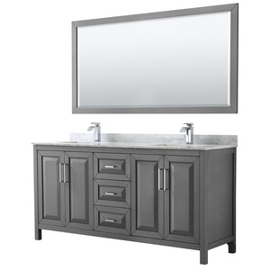 Daria 72 Inch Double Bathroom Vanity in Dark Gray White Carrara Marble Countertop Undermount Square Sinks and 70 Inch Mirror