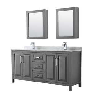 Daria 72 Inch Double Bathroom Vanity in Dark Gray White Carrara Marble Countertop Undermount Square Sinks and Medicine Cabinets