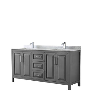 Daria 72 Inch Double Bathroom Vanity in Dark Gray White Carrara Marble Countertop Undermount Square Sinks and No Mirror