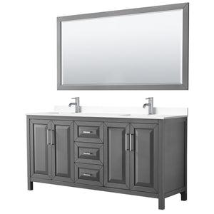 Daria 72 Inch Double Bathroom Vanity in Dark Gray White Cultured Marble Countertop Undermount Square Sinks 70 Inch Mirror