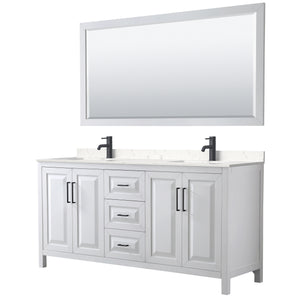Daria 72 Inch Double Bathroom Vanity in White Carrara Cultured Marble Countertop Undermount Square Sinks Matte Black Trim 70 Inch Mirror