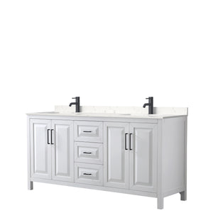 Daria 72 Inch Double Bathroom Vanity in White Carrara Cultured Marble Countertop Undermount Square Sinks Matte Black Trim