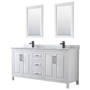 Daria 72 Inch Double Bathroom Vanity in White White Carrara Marble Countertop Undermount Square Sinks Matte Black Trim 24 Inch Mirrors