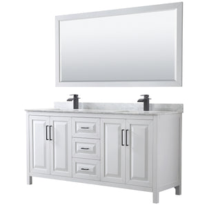 Daria 72 Inch Double Bathroom Vanity in White White Carrara Marble Countertop Undermount Square Sinks Matte Black Trim 70 Inch Mirror