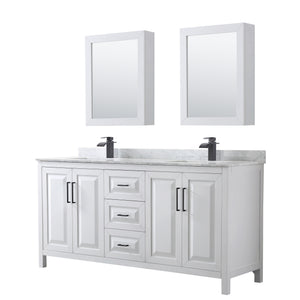 Daria 72 Inch Double Bathroom Vanity in White White Carrara Marble Countertop Undermount Square Sinks Matte Black Trim Medicine Cabinets