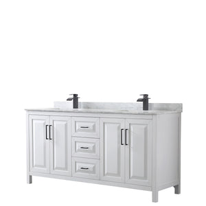 Daria 72 Inch Double Bathroom Vanity in White White Carrara Marble Countertop Undermount Square Sinks Matte Black Trim