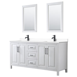 Daria 72 Inch Double Bathroom Vanity in White White Cultured Marble Countertop Undermount Square Sinks Matte Black Trim 24 Inch Mirrors