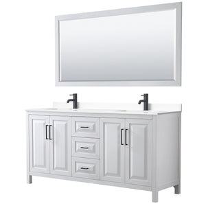 Daria 72 Inch Double Bathroom Vanity in White White Cultured Marble Countertop Undermount Square Sinks Matte Black Trim 70 Inch Mirror