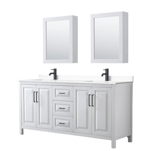 Daria 72 Inch Double Bathroom Vanity in White White Cultured Marble Countertop Undermount Square Sinks Matte Black Trim Medicine Cabinets