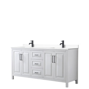 Daria 72 Inch Double Bathroom Vanity in White White Cultured Marble Countertop Undermount Square Sinks Matte Black Trim
