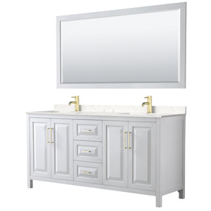 Daria 72 Inch Double Bathroom Vanity in White Carrara Cultured Marble Countertop Undermount Square Sinks 70 Inch Mirror Brushed Gold Trim