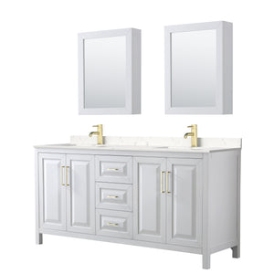 Daria 72 Inch Double Bathroom Vanity in White Carrara Cultured Marble Countertop Undermount Square Sinks Medicine Cabinets Brushed Gold Trim