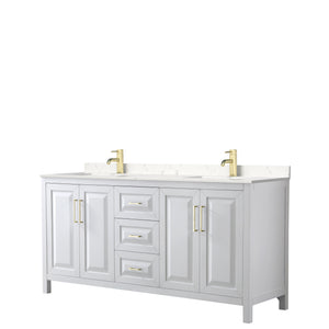 Daria 72 Inch Double Bathroom Vanity in White Carrara Cultured Marble Countertop Undermount Square Sinks Brushed Gold Trim