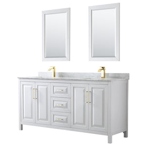 Daria 72 Inch Double Bathroom Vanity in White White Carrara Marble Countertop Undermount Square Sinks 24 Inch Mirrors Brushed Gold Trim