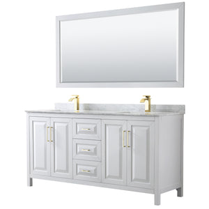 Daria 72 Inch Double Bathroom Vanity in White White Carrara Marble Countertop Undermount Square Sinks 70 Inch Mirror Brushed Gold Trim