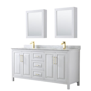 Daria 72 Inch Double Bathroom Vanity in White White Carrara Marble Countertop Undermount Square Sinks Medicine Cabinets Brushed Gold Trim