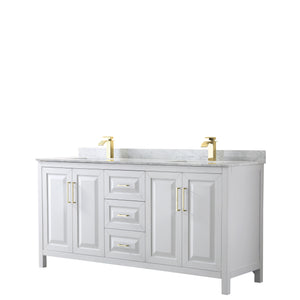 Daria 72 Inch Double Bathroom Vanity in White White Carrara Marble Countertop Undermount Square Sinks Brushed Gold Trim