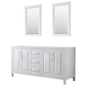 Daria 72 Inch Double Bathroom Vanity in White No Countertop No Sink 24 Inch Mirrors Brushed Gold Trim