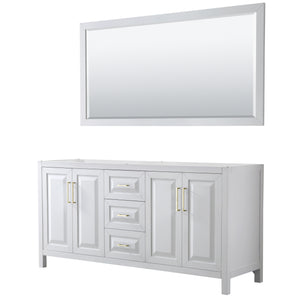 Daria 72 Inch Double Bathroom Vanity in White No Countertop No Sink 70 Inch Mirror Brushed Gold Trim