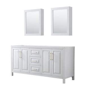 Daria 72 Inch Double Bathroom Vanity in White No Countertop No Sink Medicine Cabinets Brushed Gold Trim
