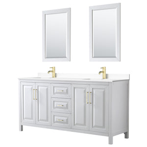 Daria 72 Inch Double Bathroom Vanity in White White Cultured Marble Countertop Undermount Square Sinks 24 Inch Mirrors Brushed Gold Trim