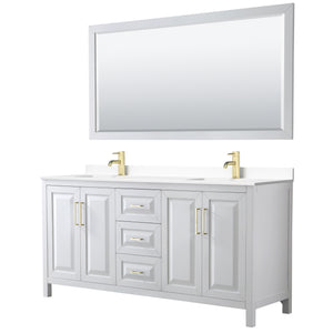 Daria 72 Inch Double Bathroom Vanity in White White Cultured Marble Countertop Undermount Square Sinks 70 Inch Mirror Brushed Gold Trim