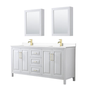 Daria 72 Inch Double Bathroom Vanity in White White Cultured Marble Countertop Undermount Square Sinks Medicine Cabinets Brushed Gold Trim
