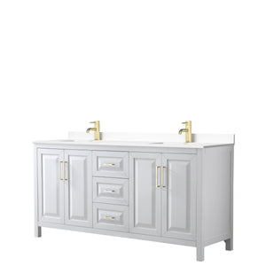 Daria 72 Inch Double Bathroom Vanity in White White Cultured Marble Countertop Undermount Square Sinks Brushed Gold Trim
