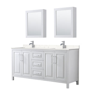 Daria 72 Inch Double Bathroom Vanity in White Carrara Cultured Marble Countertop Undermount Square Sinks Medicine Cabinets