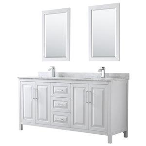 Daria 72 Inch Double Bathroom Vanity in White White Carrara Marble Countertop Undermount Square Sinks and 24 Inch Mirrors
