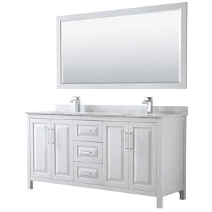 Daria 72 Inch Double Bathroom Vanity in White White Carrara Marble Countertop Undermount Square Sinks and 70 Inch Mirror