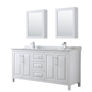 Daria 72 Inch Double Bathroom Vanity in White White Carrara Marble Countertop Undermount Square Sinks and Medicine Cabinets